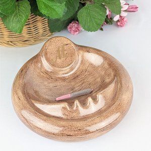 Large 9" Round Tan Ceramic Ashtray Gold Monogram M Dresser Cigar Bowl Catchall
